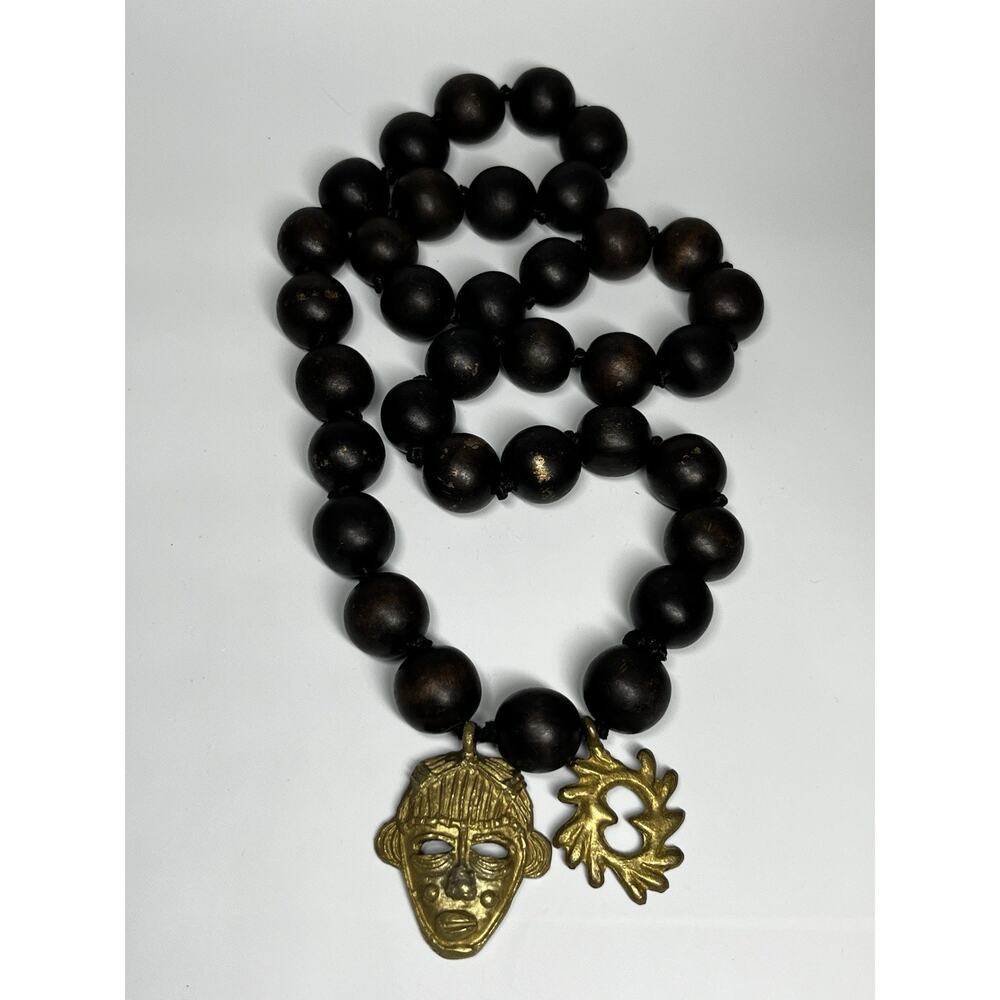 Chunky Wooden Hand Tied Beaded Necklace Gold Tone Mask Face Pendant Boho